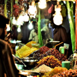 A vibrant street market in Lahore, bustling with people and colorful stalls.