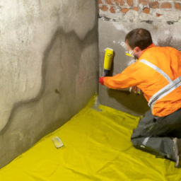A worker applying a waterproofing membrane to a basement wall.