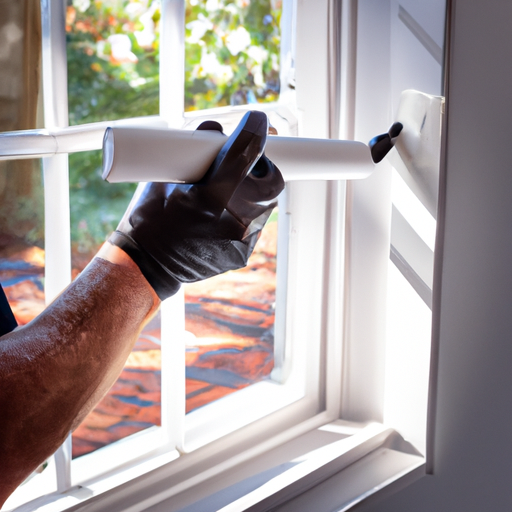 A worker applying silicone sealant around a window frame.