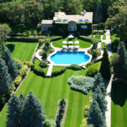 Aerial view of a luxury home with a sprawling estate and landscaped gardens.
