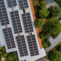 Aerial view of a sustainable building with solar panels.