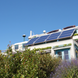 Aerial view of a sustainable building with solar panels and green roofs.