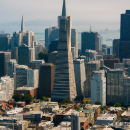 Aerial view of the Transamerica Pyramid surrounded by other skyscrapers in downtown San Francisco.
