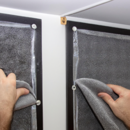 An acoustic panel being mounted on a wall to enhance soundproofing.