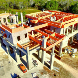 An aerial view of a luxury residential home under construction, showcasing the scale and design.
