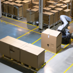 An AI-powered robotic arm sorting packages in a warehouse.