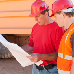 An architect and builder discussing blueprints at a construction site.