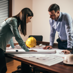An architect and contractor examining architectural drawings.
