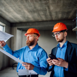 An architect discussing plans with a builder, both using digital devices to share information.
