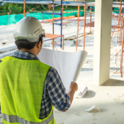 An architect reviewing blueprints at a construction site.