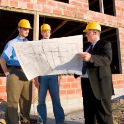 An architect reviewing blueprints with a team of builders on a luxury home construction site.