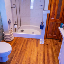 An eco-friendly bathroom with water-saving fixtures and natural materials.