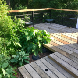 An eco-friendly deck made from reclaimed wood, surrounded by lush greenery.