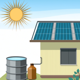 An eco-friendly home with solar panels and a rainwater collection system.