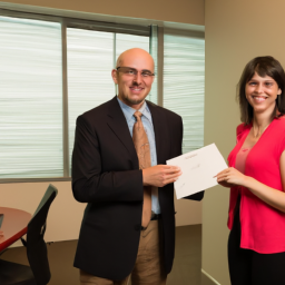 An employee receiving recognition from a manager.