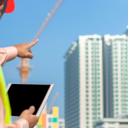 An engineer using a tablet to review a digital model of a building.