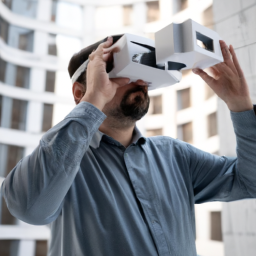 An engineer using a virtual reality headset to visualize a building project.