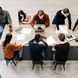 An illustration of a team discussing feedback automation strategies.