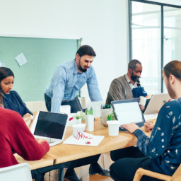An image of a business meeting discussing labor cost strategies.