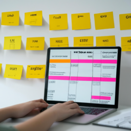An individual working on a laptop with a project scheduling tool open, surrounded by notes and charts.