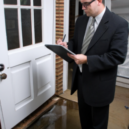 An insurance agent inspecting water damage near a door.