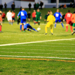 An intense soccer match taking place on the university
