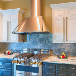 An interior design layout featuring a modern kitchen with high-end finishes and appliances.