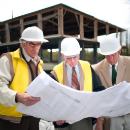 Architects reviewing blueprints at a construction site.