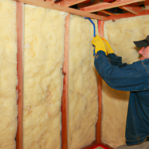 Carpenter installing fiberglass insulation.