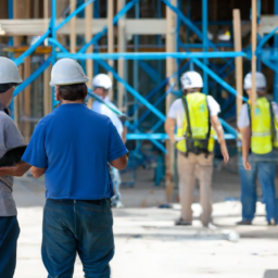 Construction site with workers using tablets to access ERP systems.