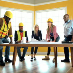 Construction team having a meeting on-site with blueprints and digital tablets.