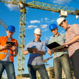 Construction workers collaborating on-site with digital tools.