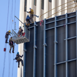 Construction workers on a high-rise building in downtown San Francisco.