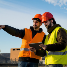 Construction workers using tablets for project management.