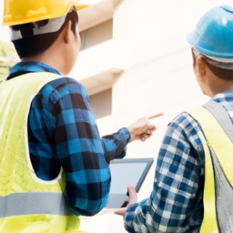 Construction workers using tablets to access project updates and schedules.