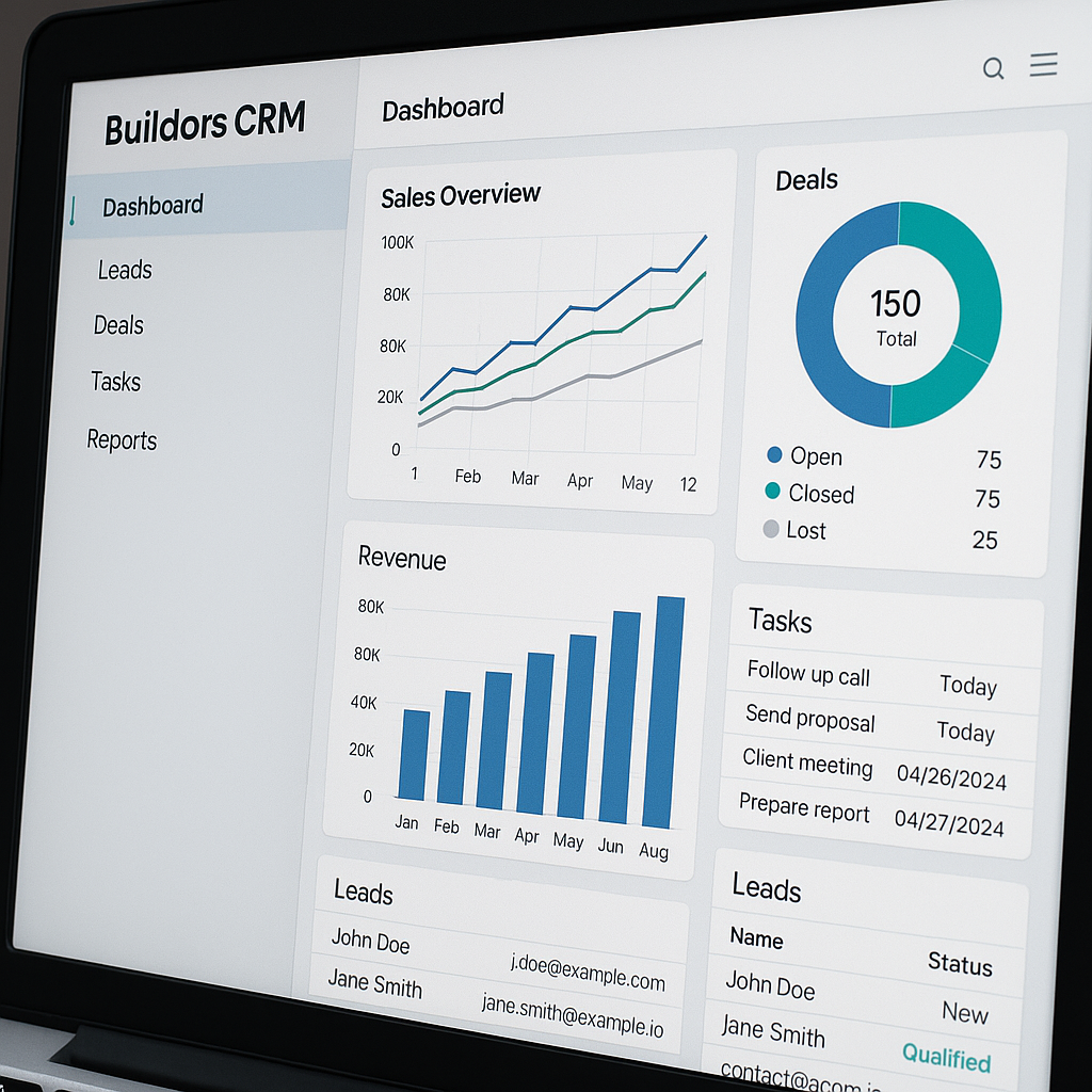 Dashboard view of Buildors CRM showing various analytics and project data.