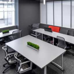 Employees collaborating with AI tools in a modern office setting.