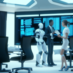 Employees collaborating with robotic assistants in a futuristic office.