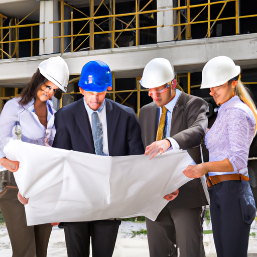 Engineers and architects reviewing blueprints on a construction site.