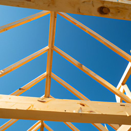 Framing of a residential house showing wooden beams and trusses.