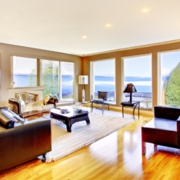 Interior view of a modern luxury living room with high ceilings and elegant decor.