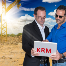 Project managers discussing blueprints with Karma Construction CRM on a tablet.