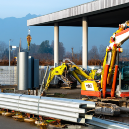 Robotic machinery performing repetitive tasks on a construction site.