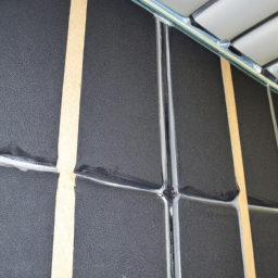 Soundproofing panels being applied to walls in a mechanical space.