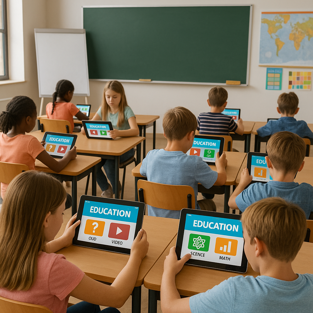 Students engaging with an interactive multimedia educational tool in a classroom setting.