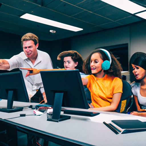 Students working on digital marketing projects in a modern computer lab.