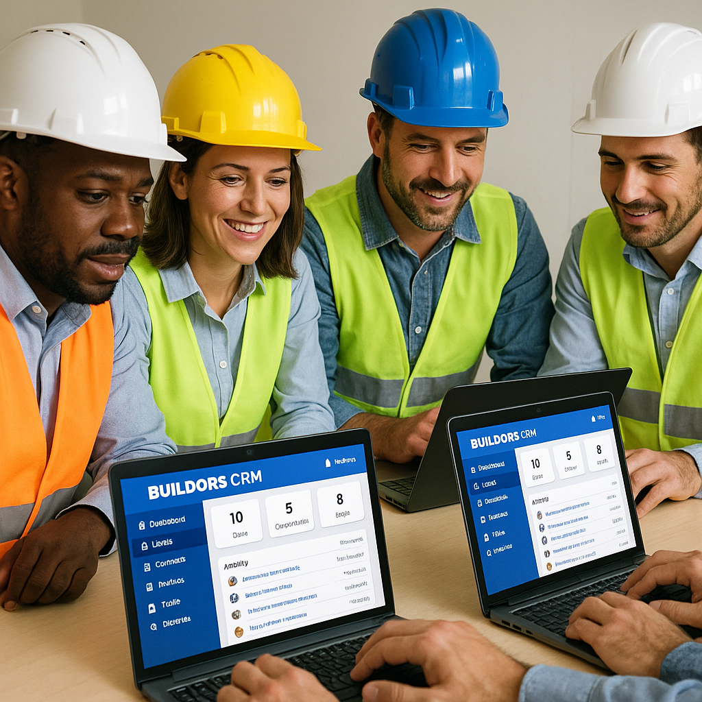 Team collaboration using Buildors CRM in an office setting.