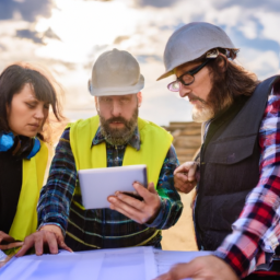 Team meeting on a construction site discussing project progress with digital devices.