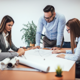 Team of architects and engineers collaborating over digital blueprints.