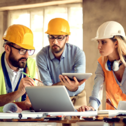 Team of construction workers collaborating using digital tools.